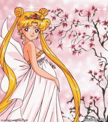Rule 34 | 1990s (style), bishoujo senshi sailor moon, blonde hair, blue eyes, cherry blossoms, crown, double bun, dress, heart, moon, pregnant, princess, smile, tsukino usagi, white dress