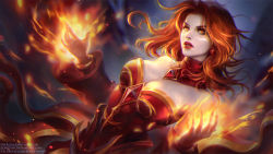 Rule 34 | 1girl, bare shoulders, bow, breasts, cleavage, dota (series), dota 2, dress, earrings, fire, jewelry, lina inverse (dota 2), lipstick, long hair, looking at viewer, makeup, natali-o, red bow, red dress, red eyes, red sleeves, solo, strapless, strapless dress