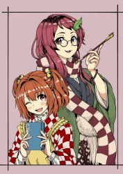 Rule 34 | 2girls, :3, apron, bell, blush stickers, book, border, brown eyes, brown hair, buttoned cuffs, buttons, checkered clothes, checkered scarf, futatsuiwa mamizou, futatsuiwa mamizou (human), glasses, hair bell, hair intakes, hair ornament, halftone, haori, highres, holding, holding book, holding smoking pipe, japanese clothes, jingle bell, kiseru, leaf, leaf hair ornament, leaf on head, long sleeves, motoori kosuzu, multiple girls, natsushiro, one eye closed, pince-nez, purple background, red eyes, red hair, scarf, smoking pipe, touhou