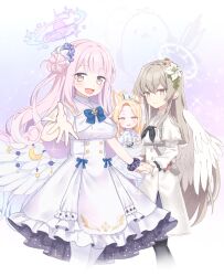 Rule 34 | 3girls, absurdres, angel wings, black pantyhose, blonde hair, blue archive, blush, breasts, capelet, closed mouth, dress, feathered wings, flower, hair between eyes, hair bun, hair flower, hair ornament, halo, highres, large breasts, light brown hair, long hair, long sleeves, mika (blue archive), multiple girls, nagisa (blue archive), open mouth, pantyhose, pink hair, pink halo, purple flower, seia (blue archive), single side bun, sleeves past fingers, sleeves past wrists, smile, tea party (blue archive), white capelet, white dress, white pantyhose, white wings, wings, yellow eyes, yellow halo, yukko