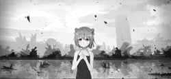 Rule 34 | 1girl, absurdres, akaza akari, building, closed mouth, collarbone, commentary request, double bun, dress, english text, greyscale, hands on own chest, highres, huge filesize, looking at viewer, monochrome, nazuna (nazuna a2), outdoors, own hands together, purple eyes, ruins, sky, smile, solo, spot color, yuru yuri
