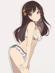 Rule 34 | 1girl, bikini, breasts, brown eyes, brown hair, chocomiru, commentary, english commentary, frilled bikini, frills, hairband, hands on own legs, highres, long hair, looking at viewer, original, shadow, small breasts, smile, solo, swimsuit, white bikini