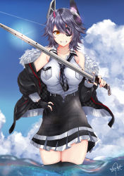 Rule 34 | 1girl, bare shoulders, black gloves, black thighhighs, breasts, checkered clothes, checkered necktie, checkered neckwear, cloud, day, eyepatch, fur collar, gloves, grin, headgear, high-waist skirt, highres, holding, holding sword, holding weapon, kantai collection, large breasts, long sleeves, nakura haru, necktie, partially fingerless gloves, purple hair, school uniform, shirt, short hair, signature, skirt, sky, smile, solo, sword, tenryuu (kancolle), tenryuu kai ni (kancolle), thighhighs, wading, weapon, yellow eyes
