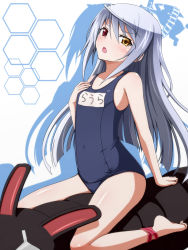 Rule 34 | 10s, 1girl, barefoot, between thighs, blush, clothes writing, feet, flat chest, hand on own chest, heterochromia, highres, infinite stratos, laura bodewig, long hair, name tag, negija, no eyepatch, one-piece swimsuit, school swimsuit, silver hair, sitting, solo, swimsuit, thighs