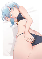 Rule 34 | 1girl, ass, ass grab, asymmetrical hair, bikini, bikini pull, black bikini, blue eyes, blue hair, blush, bow, bow bra, bra, breasts, butt crack, clothes pull, commentary, crescent, crescent pin, from behind, grabbing own ass, half-closed eyes, head on arm, head tilt, highres, kantai collection, looking at viewer, looking back, lying, minazuki (kancolle), open mouth, sakieko, short hair, short hair with long locks, small breasts, smile, smirk, solo, swimsuit, underwear
