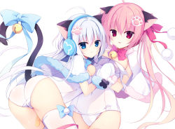 Rule 34 | 2girls, absurdres, ahoge, animal ears, ass, bandaid, bandaid on leg, bell, blue bow, blue eyes, bow, breasts, capelet, cat ears, cat girl, cat tail, commentary, covered navel, fur-trimmed capelet, fur trim, grey hair, groin, hair between eyes, hair bow, headphones, highres, jingle bell, long hair, medium breasts, muku (apupop), multiple girls, old school swimsuit, one-piece swimsuit, original, parted lips, paw hair ornament, pink hair, red bow, red eyes, romaji commentary, school swimsuit, simple background, sweater, swimsuit, tail, tail bell, tail bow, tail ornament, tail raised, thighhighs, tongue, tongue out, twintails, very long hair, white background, white capelet, white sweater, white thighhighs