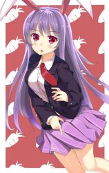 Rule 34 | 1girl, :o, animal ears, ashu, blazer, blush, breasts, contemporary, dutch angle, jacket, light purple hair, long hair, long sleeves, looking at viewer, necktie, open mouth, pink skirt, pleated skirt, rabbit ears, red eyes, red necktie, reisen udongein inaba, simple background, skirt, solo, standing, touhou, very long hair, white background