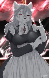 Rule 34 | 1girl, absurdres, dog, furry, furry female, highres, long hair, maid, pozpozpoor, red eyes, smile, solo, taking off gloves, white hair