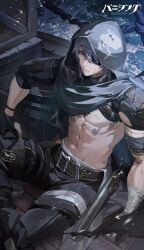 Rule 34 | 1boy, artist request, bandages, barrel, belt, eyepatch, frown, gun, happy birthday, highres, hood, looking at viewer, male focus, muscular, ocean, official art, pirate, punishing: gray raven, rain, sitting, skull, tattoo, watanabe (punishing: gray raven), weapon, wet, wet clothes