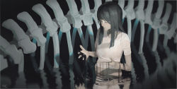 Rule 34 | 1girl, black hair, blouse, bone, closed mouth, dripping, closed eyes, long hair, open hands, original, partially submerged, reflection, reido (reido c), ribs, ripples, shirt, signature, solo, water, wet, wet clothes, white shirt