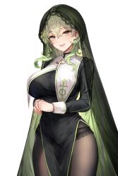 Rule 34 | 1girl, absurdres, black dress, black pantyhose, breasts, copyright request, dress, green eyes, green hair, habit, highres, large breasts, lillly, long hair, looking at viewer, nun, panties, pantyhose, see-through, see-through legwear, side slit, simple background, smile, solo, underwear, very long hair, white background, white panties