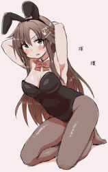 Rule 34 | 1girl, animal ear hairband, animal ears, armpits, arms behind head, arms up, bare shoulders, black leotard, blush, bow, bowtie, breasts, brown bow, brown bowtie, brown hair, brown pantyhose, cleavage, collar, collarbone, detached collar, fake animal ears, full body, green eyes, hair ornament, hairband, hairclip, highres, himekawa yuki, idolmaster, idolmaster cinderella girls, idolmaster cinderella girls starlight stage, kneeling, kotaro, leotard, long hair, looking at viewer, medium breasts, open mouth, pantyhose, pink background, playboy bunny, rabbit ear hairband, rabbit ears, rabbit hair ornament, simple background, solo, strapless, strapless leotard, sweat, sweatdrop, v-shaped eyebrows, white collar