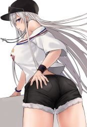 Rule 34 | 1girl, alternate costume, ass, azur lane, bare shoulders, baseball cap, black hat, black shorts, breasts, commentary request, cowboy shot, earrings, enterprise (anniversary ride) (azur lane), enterprise (azur lane), eyewear on headwear, floating hair, from behind, fur trim, hat, highres, jewelry, kinokorec, large breasts, long hair, looking at viewer, looking back, necklace, off-shoulder shirt, off shoulder, parted lips, purple eyes, shirt, short shorts, short sleeves, shorts, sidelocks, silver hair, simple background, solo, sunglasses, sweatband, very long hair, watch, white background, white shirt, wristwatch