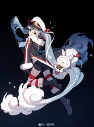 :q absurdres arm_out_of_sleeve black_background black_footwear blending blue_hair boots buttons chinese_commentary commentary_request from_behind full_body fur-trimmed_boots fur-trimmed_hood fur-trimmed_hoodie fur-trimmed_sleeves fur_trim gradient_hair hand_up hat hatsune_miku highres hood hoodie long_hair looking_back multicolored_hair official_alternate_costume peaked_cap pointing pointing_at_self rabbit_yukine simple_background streaked_hair striped_clothes striped_thighhighs stuffed_animal stuffed_rabbit stuffed_toy thighhighs tongue tongue_out twintails two-tone_hair very_long_hair vocaloid watermark weibo_watermark white_hair yikehaocai yuki_miku yuki_miku_(2022)