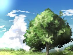 Rule 34 | artist name, blue sky, cloud, day, grass, original, outdoors, scenery, signature, sky, tree, waisshu (sougyokyuu)