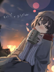Rule 34 | 1girl, black eyes, black hair, blanket, blanket hug, blue sweater, blurry, bob cut, bokeh, camping, cold, commentary, cup, depth of field, drinking, dutch angle, elbows together, eyelashes, glint, grey headwear, hair between eyes, highres, holding, holding cup, knit hat, long sleeves, looking at viewer, monogatari (series), morning, mug, no gloves, oshino ougi, outdoors, own hands together, red nose, red scarf, ribbed sweater, scarf, short hair, sitting, sky, smile, solo, sun, sunrise, sweater, tent, thomas (aoakumasan), translated, twilight, warming hands, wavy mouth, wind, wrapped up
