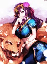 Rule 34 | 1girl, bad id, bad pixiv id, bracelet, breasts, circlet, closed mouth, commentary request, fate/grand order, fate (series), flower, hair flower, hair ornament, indian clothes, jewelry, large breasts, lion, long hair, looking at viewer, matou sakura, necklace, nekoya (liu), parvati (fate), puffy short sleeves, puffy sleeves, purple eyes, purple hair, short sleeves, smile