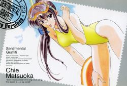 Rule 34 | 1990s (style), 1girl, breasts, breasts apart, competition swimsuit, cowboy shot, day, diving mask, diving mask on head, from side, goggles, goggles on head, hair between eyes, holding, holding swim ring, innertube, kai tomohisa, legs apart, matsuoka chie, one-piece swimsuit, outdoors, painting (medium), postage stamp, retro artstyle, sentimental graffiti, snorkel, solo, stamp, swim ring, swimsuit, third-party edit, traditional media, watercolor (medium), yellow one-piece swimsuit