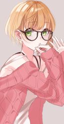 Rule 34 | 1girl, bad id, bad pixiv id, black-framed eyewear, blonde hair, blush, camisole, cardigan, glasses, green eyes, grey background, hand on own chin, idolmaster, idolmaster cinderella girls, looking at viewer, misumi (macaroni), miyamoto frederica, off shoulder, open cardigan, open clothes, open mouth, pink sweater, short hair, simple background, solo, sweater, white camisole
