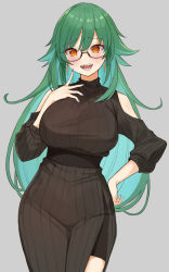 Rule 34 | 1girl, absurdres, aqua hair, bare shoulders, blue nails, blush, breasts, choco tanuki, dress, earrings, finger to mouth, green hair, grey background, hand on own chest, hand on own hip, highres, jewelry, kitakoji hisui, large breasts, long hair, looking at viewer, mature female, nail polish, nijisanji, open mouth, red eyes, ribbed dress, sharp teeth, simple background, solo, teeth, very long hair, virtual youtuber