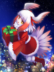 Rule 34 | 1girl, alternate costume, bird girl, bird tail, bird wings, boots, christmas, christmas present, commentary request, dress, flying, fur collar, fur trim, gift, gloves, head wings, japanese crested ibis (kemono friends), kemono friends, long sleeves, multicolored hair, night, night sky, pantyhose, red dress, red footwear, red gloves, red hair, santa costume, short hair, sidelocks, sky, solo, tail, white fur, white hair, white pantyhose, wings, yamai, yellow eyes