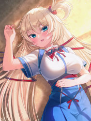 Rule 34 | 1girl, akai haato, akai haato (1st costume), aqua eyes, arm up, blonde hair, blue skirt, blush, breasts, collared shirt, commentary request, dress shirt, fingernails, hair ornament, hair ribbon, hand on own stomach, heart, heart hair ornament, high-waist skirt, highres, hololive, large breasts, long hair, looking at viewer, lying, magowasabi, nail polish, neck ribbon, on back, one side up, open mouth, page tear, red nails, red ribbon, revealing layer, ribbon, shirt, signature, skirt, solo, twintails, twitter username, very long hair, virtual youtuber, white shirt