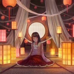 Rule 34 | 1girl, black hair, blunt bangs, bow, bowtie, commentary request, curtains, expressionless, fjsmu, frilled shirt collar, frills, head tilt, highres, houraisan kaguya, lantern, light particles, long hair, long skirt, looking at viewer, on floor, paper lantern, pink shirt, red eyes, red skirt, round window, shirt, sitting, skirt, sleeves past fingers, sleeves past wrists, solo, tatami, touhou, very long hair, white bow, white bowtie, window, yokozuwari