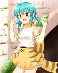 Rule 34 | 10s, 1girl, alternate costume, back bow, bad id, bad pixiv id, blue hair, blush, bow, bowtie, breast pocket, check commentary, commentary, commentary request, cosplay, costume switch, elbow gloves, embarrassed, frilled skirt, frills, gloves, hair bobbles, hair ornament, high-waist skirt, highres, kemono friends, pocket, sand cat (kemono friends), sand cat (kemono friends) (cosplay), shiraha maru, short hair, skirt, snake tail, solo, tail, tsuchinoko (kemono friends), vest