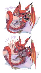 Rule 34 | absurdres, chibi, claws, closed eyes, colored skin, digimon, digimon (creature), dragon, fewer digits, highres, kira (kira dra), megidramon, on pillow, pet, red eyes, red skin, red tail, scratching stomach, sharp teeth, shoulder pads, spikes, teeth, translation request, twitter username