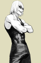 Rule 34 | 1boy, bara, black pants, black tank top, commentary request, crossed arms, fate/grand order, fate (series), greyscale, highres, long hair, male focus, monochrome, muscular, muscular male, open mouth, pants, sakata kintoki (fate), smile, solo, sunglasses, takuan (takuanlunch), tank top