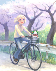 Rule 34 | 1girl, :o, bicycle, blonde hair, blouse, blue eyes, brown footwear, cherry blossoms, creature, day, denim, floating hair, grass, guard rail, jeans, long sleeves, lowres, open mouth, original, outdoors, pants, road, shirt, shoes, solo, tree, weno, weno&#039;s blonde original character, yellow shirt, zipper