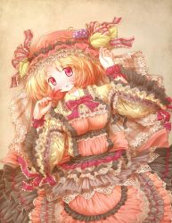 Rule 34 | 1girl, adapted costume, aki minoriko, apron, arinu, armband, black skirt, blonde hair, breasts, brown background, embellished costume, food, frilled sleeves, frills, fruit, grapes, hand up, hat, hat ornament, hat ribbon, highres, holding, holding leaf, lace, lace-trimmed sleeves, lace trim, large breasts, leaf, long sleeves, looking at viewer, maple leaf, mob cap, pink eyes, ribbon, ribbon-trimmed apron, ribbon-trimmed collar, ribbon-trimmed sleeves, ribbon trim, simple background, skirt, solo, too many, too many frills, touhou, wide sleeves, wrist cuffs