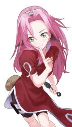 Rule 34 | 1girl, closed mouth, commentary request, dress, forehead protector, green eyes, haruno sakura, highres, holding, holding weapon, konohagakure symbol, kunai, long hair, looking at viewer, mandei (nao 1234567), naruto, naruto (series), pink hair, red dress, short hair, short sleeves, simple background, smile, solo, weapon, white background