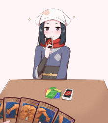 Rule 34 | 1girl, akari (pokemon), black hair, brown eyes, card, chirun0, closed mouth, commentary, creatures (company), english commentary, exodia the forbidden one, galaxy expedition team survey corps uniform, game freak, head scarf, highres, long hair, meme, nintendo, pokemon, pokemon legends: arceus, pov, pov across table, pov hands, red scarf, scarf, simple background, smile, uno (game), white background, yu-gi-oh!