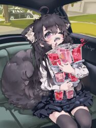 Rule 34 | 1girl, absurdres, ahoge, animal ear fluff, animal ears, black skirt, black thighhighs, car interior, commentary, cup, extra ears, fangs, fluffy, hair between eyes, highres, holding, holding cup, looking at viewer, one eye closed, oooohyo, open mouth, original, purple eyes, shirt, sitting, skirt, solo, tail, teeth, thighhighs, too many, white shirt
