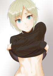 Rule 34 | 1girl, anastasia (idolmaster), black shirt, blue eyes, crossed arms, ginnote, grey background, hair between eyes, idolmaster, idolmaster cinderella girls, long sleeves, looking at viewer, midriff, navel, shirt, short hair, silver hair, smile, solo, stomach, undressing, upper body