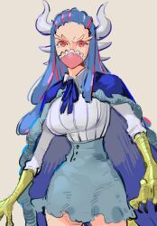 Rule 34 | 1girl, ahoge, blue cape, blue hair, blue skirt, cape, collared shirt, covered mouth, curled horns, dinosaur girl, horns, jewelry, long hair, mask, mouth mask, multicolored hair, multiple horns, necklace, one piece, pink eyes, pink hair, pink mask, raine (acke2445), shirt, skirt, solo, streaked hair, talons, ulti (one piece), white shirt
