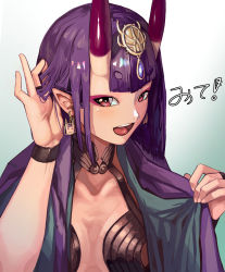 Rule 34 | 1girl, absurdres, blue background, blush, bob cut, breasts, bridal gauntlets, collarbone, earrings, eyeliner, fate/grand order, fate (series), gradient background, hand in own hair, highres, horns, japanese clothes, jewelry, kimono, long sleeves, looking at viewer, makeup, navel, okoru ringo, oni, open clothes, open kimono, open mouth, pointy ears, purple eyes, purple hair, purple kimono, revealing clothes, short eyebrows, short hair, shuten douji (fate), single earring, skin-covered horns, small breasts, smile, translated, wide sleeves