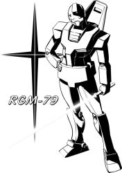 Rule 34 | energy sword, gm (mobile suit), gundam, hand on own hip, mecha, mobile suit gundam, monochrome, nippori honsha, robot, shield, sword, weapon