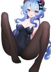 Rule 34 | 1girl, ankkoyom, bare arms, bare shoulders, black leotard, blue hair, breasts, brown pantyhose, cleavage, collarbone, feet, ganyu (genshin impact), genshin impact, goat horns, highleg, highleg leotard, highres, horns, leotard, long hair, looking at viewer, medium breasts, no shoes, open mouth, pantyhose, purple eyes, simple background, solo, very long hair, white background