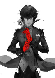 Rule 34 | 10s, 1boy, amamiya ren, black hair, club3, curly hair, gloves, highres, limited palette, looking at viewer, male focus, mask, persona, persona 5, red eyes, red gloves, simple background, smile, solo, spot color, white background