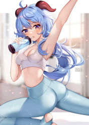 Rule 34 | 1girl, ahoge, arm up, armpits, ass, bare arms, bare shoulders, blue hair, blue pants, bottle, breasts, cleavage, crop top, ganyu (genshin impact), genshin impact, goat horns, highres, holding, horns, long hair, looking at viewer, low ponytail, medium breasts, midriff, open mouth, pants, purple eyes, sleeveless, solo, sports bra, squchan, sweat, twisted torso, yoga pants