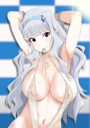 Rule 34 | 1girl, areola slip, armpits, arms behind head, arms up, blue hairband, blunt bangs, blush, breasts, checkered wall, commentary, covered erect nipples, crescent, crescent necklace, eyebrows hidden by hair, eyelashes, hair over shoulder, hairband, hip focus, idolmaster, idolmaster (classic), jewelry, large areolae, large breasts, long hair, looking at viewer, minpei ichigo, moon necklace, mouth hold, navel, necklace, one-piece swimsuit, purple eyes, revision, shijou takane, sideboob, sidelocks, silver hair, slingshot swimsuit, smile, sofmap background, solo, step and repeat, swimsuit, upper body, white one-piece swimsuit, white slingshot swimsuit