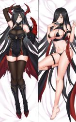 Rule 34 | 1girl, azur lane, bare shoulders, bikini, black bikini, black dress, black footwear, black hair, breastless clothes, breasts, cleavage, dakimakura (medium), dress, finger to mouth, friedrich der grosse (azur lane), full body, gloves, hair over one eye, highres, horns, large breasts, long hair, looking at viewer, mechanical horns, multiple views, red gloves, red horns, skin tight, skindentation, sleeveless, sleeveless dress, swimsuit, thigh strap, thighhighs, underboob, very long hair, yellow eyes, zettai ryouiki, zui ai shuang mawei