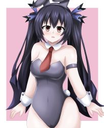 Rule 34 | animal ears, bare shoulders, black hair, bodysuit, breasts, cleavage, collar, cuffs, happy, highres, leotard, long hair, matrixjudge, medium breasts, neptune (series), noire (neptunia), open mouth, pink background, playboy bunny, rabbit ears, red eyes, ribbon, thighs, tsundere, twintails, very long hair