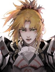 Rule 34 | 1girl, armor, bad id, bad pixiv id, blonde hair, breastplate, commentary request, fate/grand order, fate (series), green eyes, hair ornament, hana zi, long hair, looking at viewer, mordred (fate), mordred (fate/apocrypha), open mouth, parted bangs, ponytail, red scrunchie, scrunchie, simple background, solo, upper body, white background