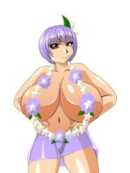 Rule 34 | 1girl, ayane (doa), breasts, bursting breasts, cleavage, dead or alive, huge breasts, kaiman82, looking at viewer, purple hair, red eyes, short hair, simple background, solo, topless, white background