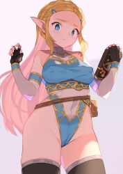 Rule 34 | 1girl, alternate costume, bare hips, bare shoulders, blonde hair, blue eyes, blush, braid, breasts, closed mouth, collarbone, covered erect nipples, covered navel, cowboy shot, crown braid, detached sleeves, fingerless gloves, forehead, from below, gloves, hands up, high collar, highleg, highleg leotard, highres, leotard, long hair, looking at viewer, medium breasts, nintendo, pointy ears, princess zelda, sidelocks, simple background, spring2013, the legend of zelda, the legend of zelda: breath of the wild, thighhighs