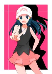 Rule 34 | 00s, 1girl, bad id, bad pixiv id, blue eyes, blue hair, creatures (company), dawn (pokemon), game freak, hat, highres, long hair, looking at viewer, matching hair/eyes, nintendo, open mouth, pink skirt, pokemon, pokemon dppt, skirt, solo, v, yuihico