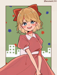 Rule 34 | 1girl, absurdres, artist name, blonde hair, blue eyes, blush, bow, child, dress, hair bow, haru-cho, highres, mother (game), mother 2, nintendo, open mouth, paula (mother 2), pink dress, red bow, short sleeves, smile, solo